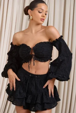 Postcard | Black Lace Bardot Puff-Sleeved Crop Top