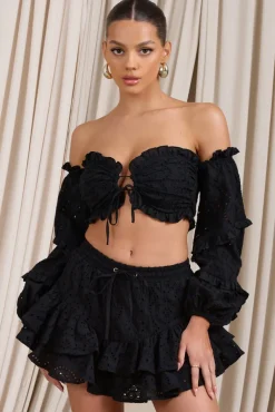 Postcard | Black Lace Bardot Puff-Sleeved Crop Top