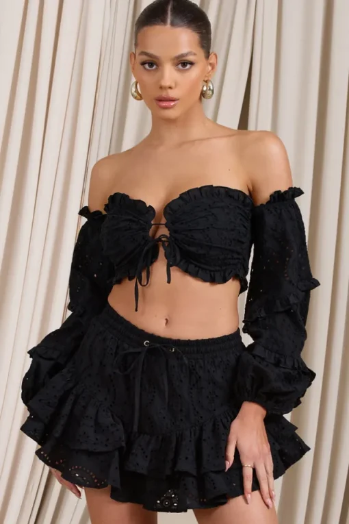 Postcard | Black Lace Bardot Puff-Sleeved Crop Top