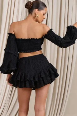 Postcard | Black Lace Bardot Puff-Sleeved Crop Top