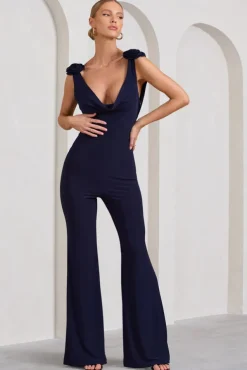 Posy | Navy Cowl-Neck Jumpsuit With Corsages And Lace Detail