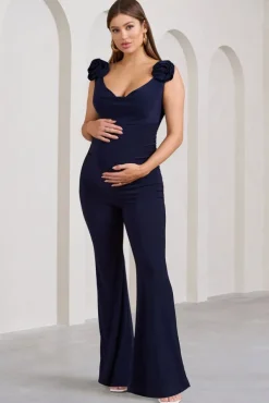 Posy | Navy Maternity Cowl Jumpsuit With Flower Design
