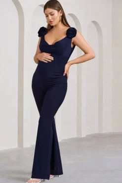 Posy | Navy Maternity Cowl Jumpsuit With Flower Design