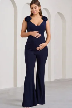 Posy | Navy Maternity Cowl Jumpsuit With Flower Design