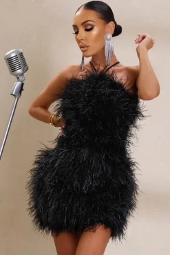 Power Up | Black Feather Halter Neck Mini Dress