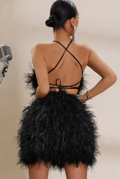 Power Up | Black Feather Halter Neck Mini Dress