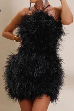 Power Up | Black Feather Halter Neck Mini Dress
