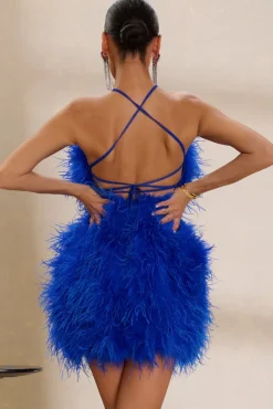 Power Up | Cobalt Blue Feather Halter Neck Mini Dress