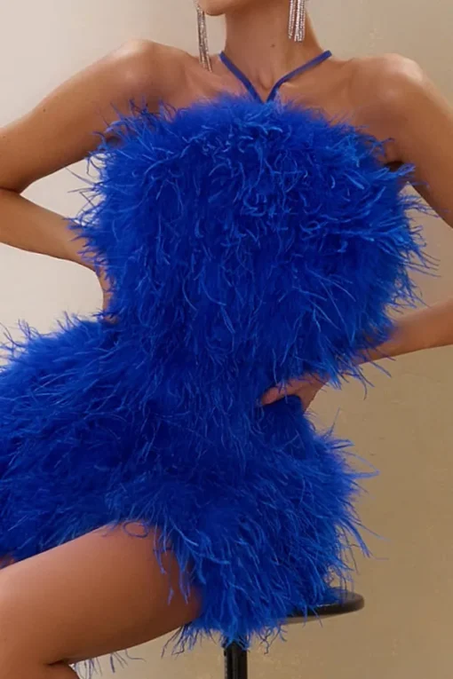 Power Up | Cobalt Blue Feather Halter Neck Mini Dress