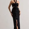 Powerful | Black Cut-Out Halter-Neck Maxi Dress With Flower u0026 Ruffles