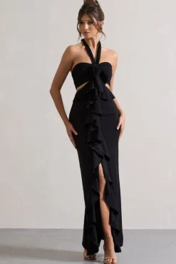 Powerful | Black Cut-Out Halter-Neck Maxi Dress With Flower u0026 Ruffles