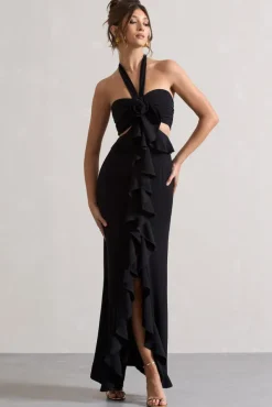 Powerful | Black Cut-Out Halter-Neck Maxi Dress With Flower u0026 Ruffles