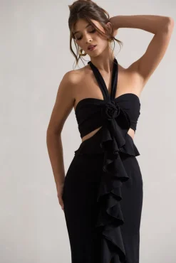 Powerful | Black Cut-Out Halter-Neck Maxi Dress With Flower u0026 Ruffles