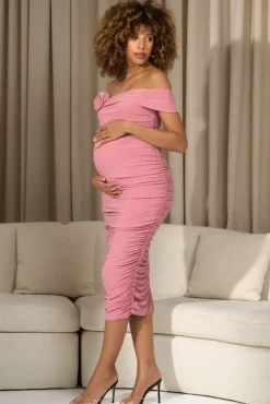 Prairie | Blush Pink Bardot Maternity Midi Dress With Flower