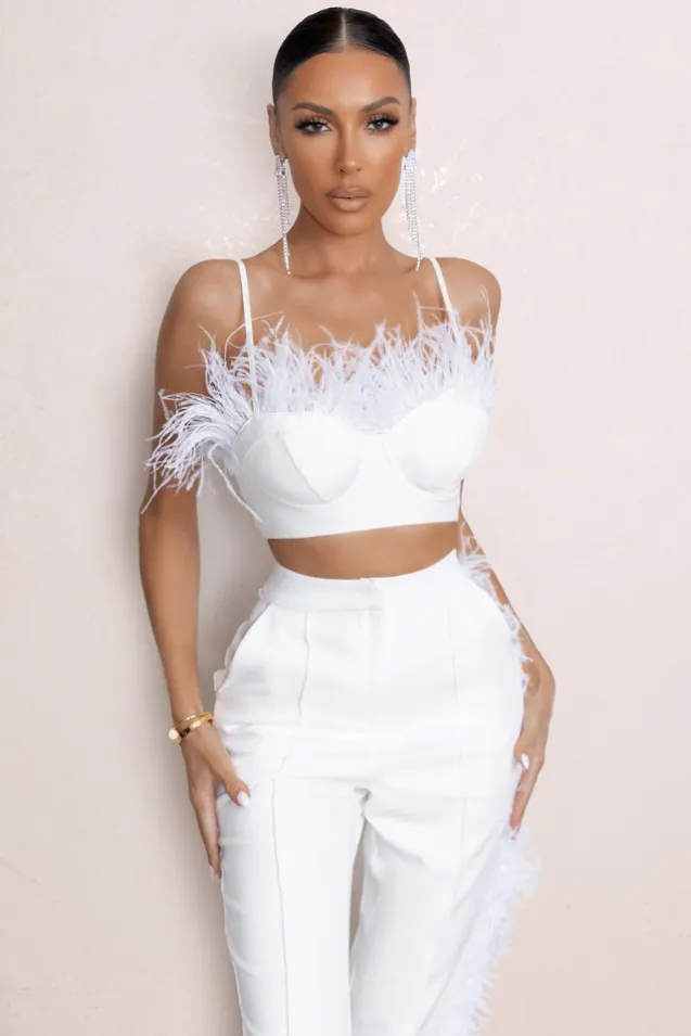 Prestige | White Bralette With Feather Trim