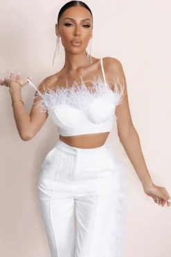 Prestige | White Bralette With Feather Trim