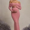Pretty Perfect | Blush Pink Maternity Ruched Mesh Bardot Maxi Dress