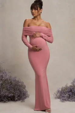 Pretty Perfect | Blush Pink Maternity Ruched Mesh Bardot Maxi Dress