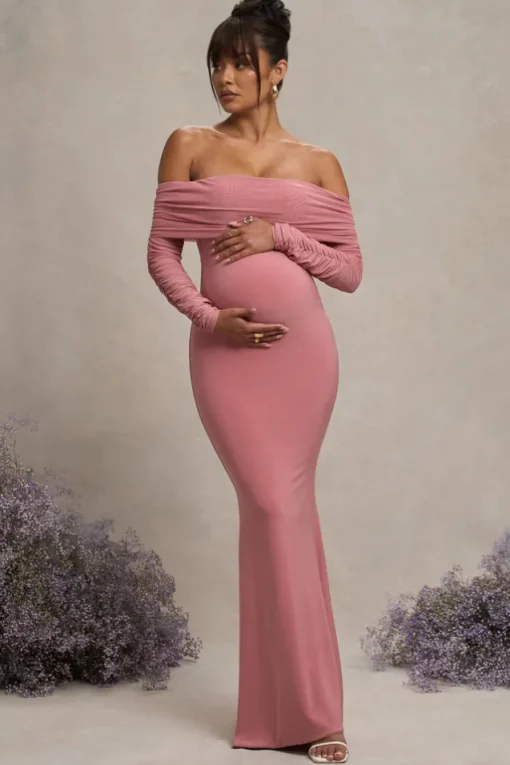 Pretty Perfect | Blush Pink Maternity Ruched Mesh Bardot Maxi Dress