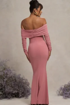 Pretty Perfect | Blush Pink Maternity Ruched Mesh Bardot Maxi Dress