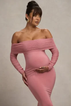 Pretty Perfect | Blush Pink Maternity Ruched Mesh Bardot Maxi Dress