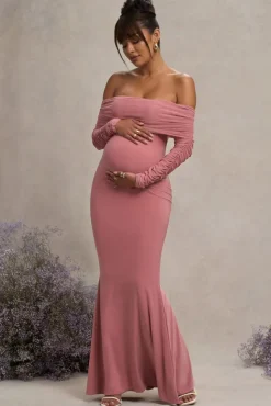 Pretty Perfect | Blush Pink Maternity Ruched Mesh Bardot Maxi Dress