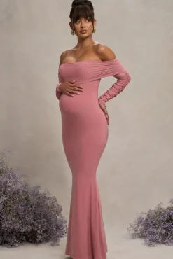 Pretty Perfect | Blush Pink Maternity Ruched Mesh Bardot Maxi Dress