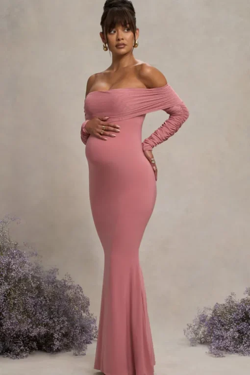 Pretty Perfect | Blush Pink Maternity Ruched Mesh Bardot Maxi Dress