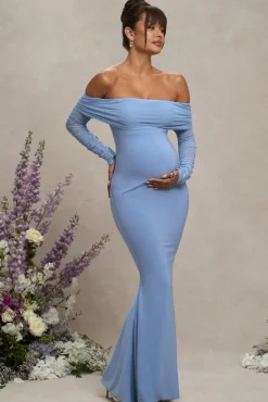 Pretty Perfect | Powder Blue Maternity Halter Asymmetric Maxi Dress