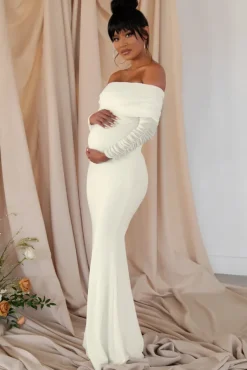 Pretty Perfect | White Maternity Ruched Mesh Bardot Maxi Dress