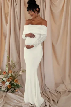 Pretty Perfect | White Maternity Ruched Mesh Bardot Maxi Dress