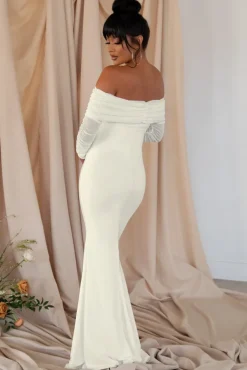 Pretty Perfect | White Maternity Ruched Mesh Bardot Maxi Dress