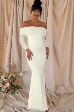 Pretty Perfect | White Maternity Ruched Mesh Bardot Maxi Dress