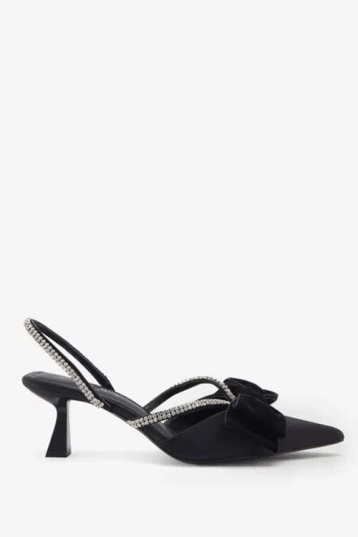 Pretty u0026 Poised | Black Diamante Strap Sling Back Kitten Heels With Bows