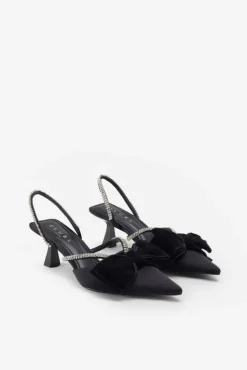 Pretty u0026 Poised | Black Diamante Strap Sling Back Kitten Heels With Bows