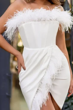 Priceless | White Bandeau Feather Corset Midi Dress With Feather Trim