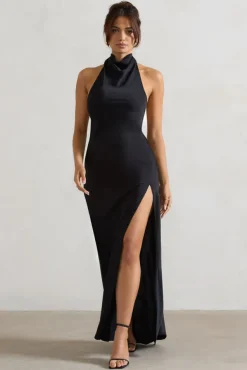 Priero | Black Cowl Halter-Neck Open Back Maxi Dress