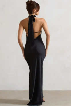 Priero | Black Cowl Halter-Neck Open Back Maxi Dress