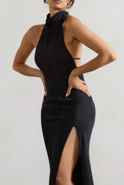 Priero | Black Cowl Halter-Neck Open Back Maxi Dress