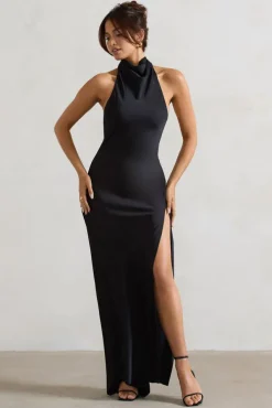 Priero | Black Cowl Halter-Neck Open Back Maxi Dress