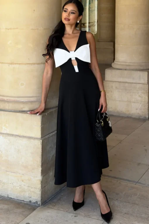 Primrose | Black Plunge-Neck Midi Dress With White Bow