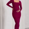 Prissie | Berry Ruched Square-Neck Long-Sleeve Maternity Maxi Dress