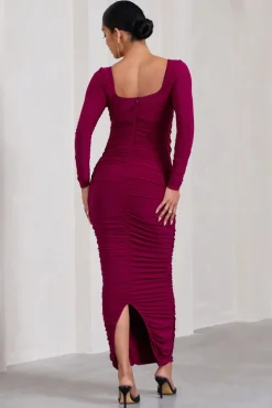 Prissie | Berry Ruched Square-Neck Long-Sleeve Maternity Maxi Dress