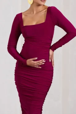 Prissie | Berry Ruched Square-Neck Long-Sleeve Maternity Maxi Dress