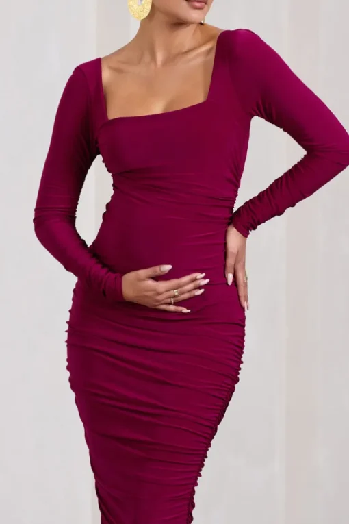 Prissie | Berry Ruched Square-Neck Long-Sleeve Maternity Maxi Dress