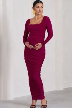 Prissie | Berry Ruched Square-Neck Long-Sleeve Maternity Maxi Dress