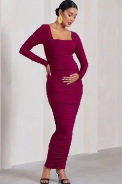 Prissie | Berry Ruched Square-Neck Long-Sleeve Maternity Maxi Dress