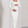 Prissie | White Ruched Square-Neck Long-Sleeve Maternity Maxi Dress