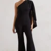 Pristine | Black One Shoulder Cape Sleeve Flared-Leg Jumpsuit