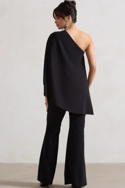 Pristine | Black One Shoulder Cape Sleeve Flared-Leg Jumpsuit